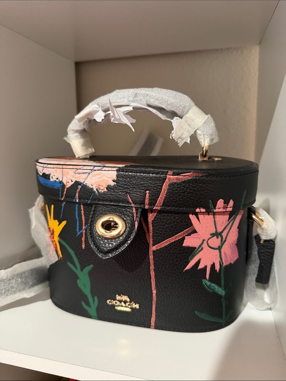 Coach Black Floral Mini Vanity Crossbody with Pink and Yellow Accents